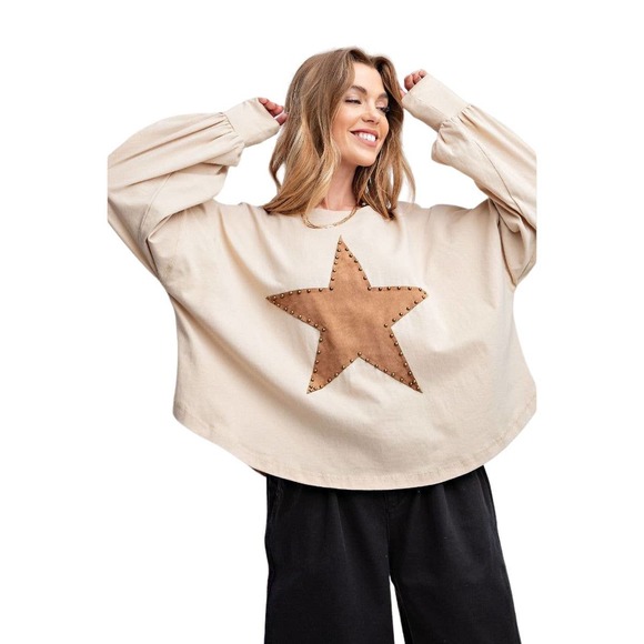 Suede Star Patch Jersey Top Drop Shoulder - Picture 2 of 3